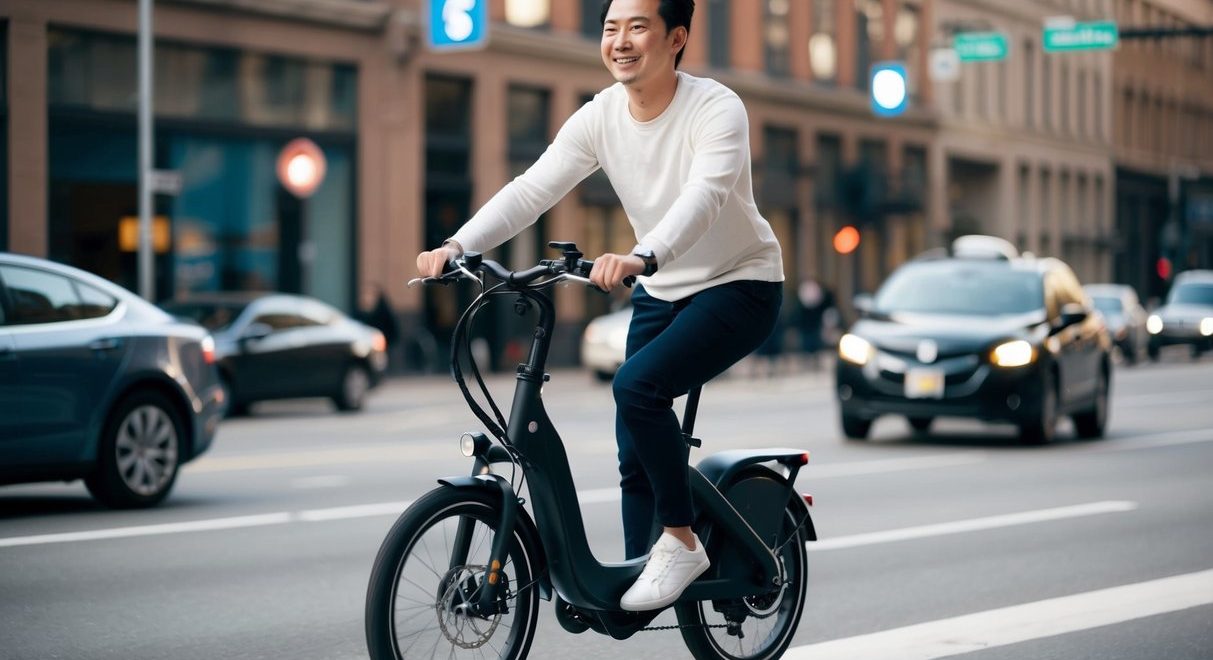 Discover fordelene ved elcykler i dag En person der kører på en elcykel med et smil der passerer trafikken med lethed